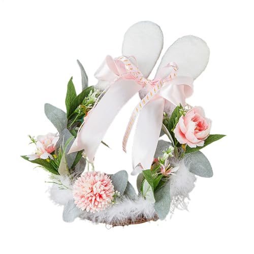 Corona de conejo de Pascua, corona de conejo de Pascua, corona de primavera, coronas de conejo de Pascua de 10 pulgadas, para decoraciones de puerta de entrada, guirnalda con pajarita,