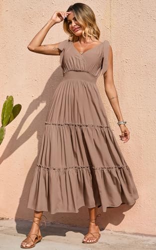 Image of PRETTYGARDEN Women's Cross Neck Summer Sleeveless Tiered Maxi Dress Beach Tie Strap Smocked Long Dresses Pleated Sundress