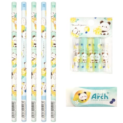 もちもちぱんだ レモン 2B 丸軸 黒鉛筆 5本 消しゴム 1個 鉛筆キャップ(5本組) 1個 パンダ
