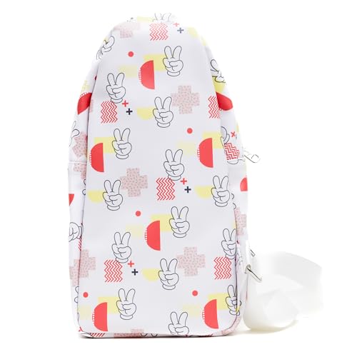 Disney Vegan Leather Crossbody Sling Bag, Mickey Mouse Peace Fingers Applique and Icons Collage, White, 7" x 14"2