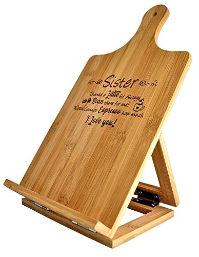 Sister Gift - Recipe Cookbook Holder Stand Custom Engraved Bamboo Cutting Board Foldable Chef Easel Metal Hinges Kickstand Ipad Tablet Compatible Christmas Birthday Kitchen Decor Design (7.25X13.5) #TOP3