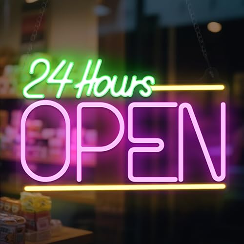 Okayera Open 24 Hours Neon Signs, Led Neon Lights for Business Store Shop Gas Station Convenience Store Hotel, Super Bright & Easy to Spot Open Neon Lamp with 10 Level Brightness, Idea Decor for Window Room Wall