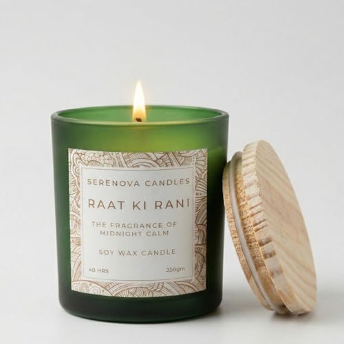 Image of Serenova Candles RAAT KI Rani Aromatherapy Candle, Organic Soy Wax, Handpoured and Handmade, 350gm, 40 Hours Burning Time