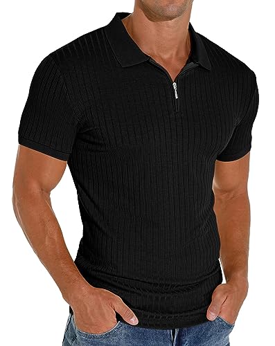 PrinStory Herren Polo Shirt Kurzarm Poloshirt Mit Reißverschluss Klassisch Golf Oberteile Freizeit Stretch Slim Fit T-Sh...