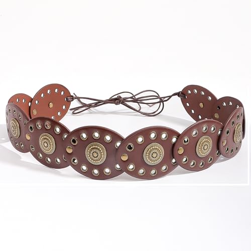 Vintage Western Leather Belt for Women - Round Biscuit Waist Belt with Concho Buckle - Boho Style Turquoise Belt for Dress2