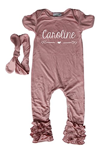 Personalized Ruffle Romper with Matching Headband for Girls (12M (6-12 Months), Dusty Rose)