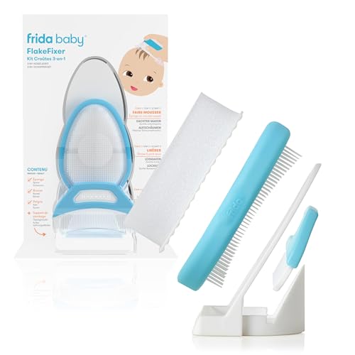 Frida Baby DermaFrida The FlakeFixer 3-stufiges Milchkrusten-Set mit Schwamm Bürste Kamm und Aufbewahrung beruhigt und schützt die Kopfhaut des Babys