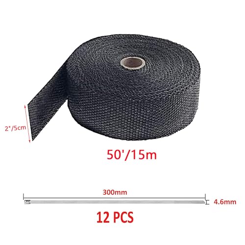 Deecam Exhaust Wrap, Black Exhaust Header Heat Wrap, 2\'\' x 50\' Motorcycle High Temp Heat Shield Tape Roll for Exhaust Pipes with 12 Stainless Steel Ties - Thumbnail 7