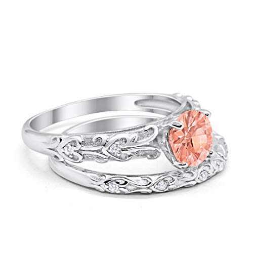 Blue Apple Co. Art Deco Two Piece Wedding Engagement Bridal Set Round Cubic Zirconia 925 Sterling Silver Choose Color2