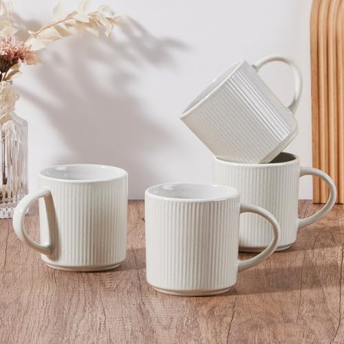 E-far Coffee Mugs Set of 4, 12 oz Stoneware Coffee Cups with Handle for Latte, Tea, Cocoa, Milk, Modern Ribbed Ceramic Mugs for Man Woman, Microwave & Dishwasher Safe, Speckled White