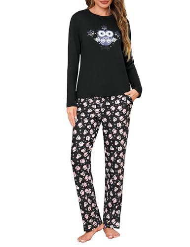 Demegimi Ensemble de Pyjama Femme Hiver Chaud Manches Longues Haut Col Rond avec Motif Chouette et Pantalon Long Imprimé Pyjama Femme Coton Toucher Doux...