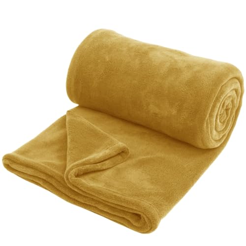 Hafaa Fleece Blanket Sofa Throw - Soft Cosy Fluffy Blankets for Bed/Couch Warm Single Throws All Season Mustard 130x150cm