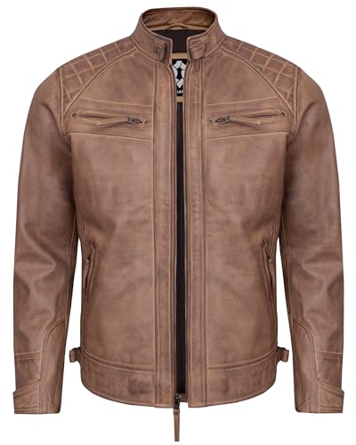 Image of Leather Jacket Men - Real Lambskin Motorcycle Jacket with Snap Tab Collar, Adjustable Waist & Zippered Pockets