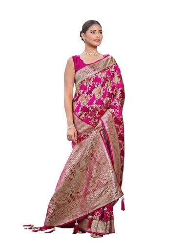 MANOHARI Most Trendy Banarasi Satin Silk Woven Rani Pink Saree With Heavy Jacquard Work Saree With Blouse Piec