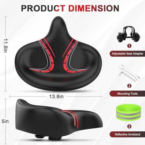 BLUEWIND Oversized Bike Seat, Wide Bicycle Saddle Novel Backrest Design for Electric Bike, Universal Fit Exercise or Road Stationary Bike Seat Cushion for Men & Women (Red) - Thumbnail 5