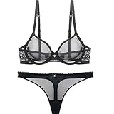 ALDOLA büstenhebe Damen BH mit bügel Bra Panties Set Schwarz Damen BH-Sexy BH Mit Bügel Spitze Bauchfrei Crop Tops Bralette für Damen Durchsichtiger BH (Größe:75C)