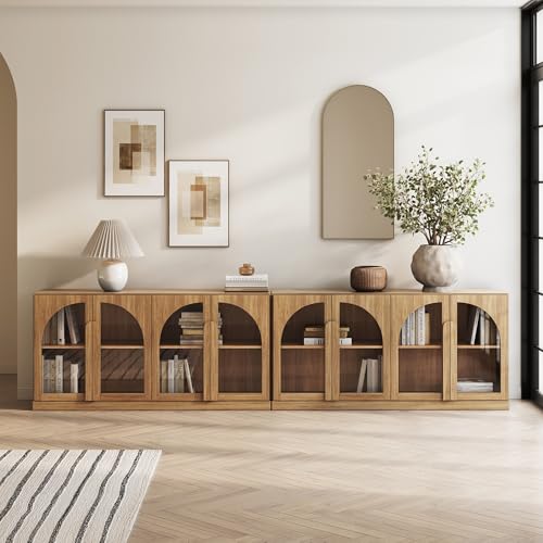 Image of BELLEZE Set of 2 Bijou 64 inch Modern Buffet Sideboard, Mid-Century Arched Glass Door Cabinet, Wood Grain Console for Living Room, Kitchen, Entryway - Camel