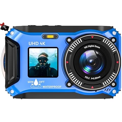 Digital Camera - 4K 56MP 33FT UHD Underwater Camera for Snorkeling with 32GB Card Dual-Screen Compact Waterproof Dustproof Floatable Camera - Autofocus Point and Shoot Digital Camera 1500mAh Battery Cover