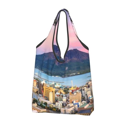 [Outfly] 九州鹿児島 桜島火山 エコバッグ ショッピングバッグ 防水 大容量 折りたたみ コンパクト レジ袋 買い物袋 軽量 ポケットサイズ コンビニ アニメ グッズ キャラクター プレゼント 1 PC Z8Z309