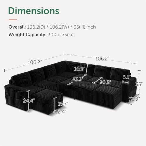 Image of HONBAY Modular Sectional Sleeper Sofa with Pull Out Bed Oversized Corduroy L Shaped Sofa Bed with Storage Couches for Living Room,Black