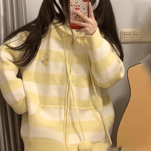 Harajuku Y2K Kawaii Goth Fashion Zipper Soft Knitted Cute Embroidery Doggy Trim Stripe Hooded Cardigan Sweater2