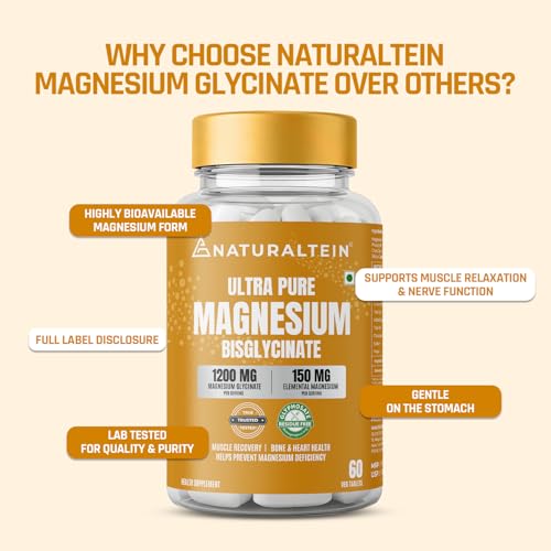 Image of Naturaltein Magnesium Glycinate 1200mg (150mg Elemental) | Chelated High Absorption Magnesium Supports Sleep Quality & Muscle Relaxation | Glyphosate Tested | 120 Tablets