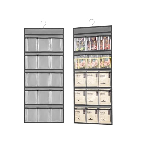 TEMUORG 2 Pcs Hanging Tea Bag Organizer Coffee Packet Holder Tea Storage Organizer Multi-Functional Kitchen Organizer with 15 Clear Pockets (Grey)