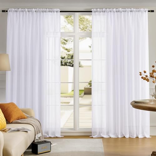 Image of MYSTIC-HOME Sheer Curtains White 84 Inches Long, Window Treatments Rod Pocket Drapes for Living Room, Bedroom, Semi Crinkle Voile Extra Wide Curtains for Yard, Villa, Parlor, 108 inchx 84 inch,2 Pcs