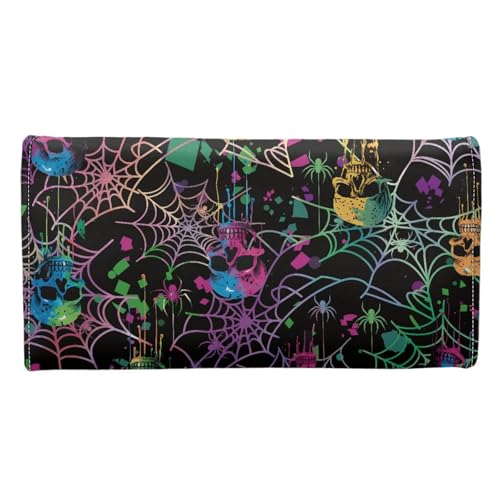 Image of AFPANQZ Colorful Skull Spider Web Leather Wallets for Women RFID Blocking Checkbook Wallet with Cit Card Slots Phone Holder Zip Pocket, Buckle Closure, Ladies Purse