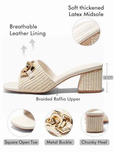 Image of Coutgo Womens Raffia Slide Sandals Chunky Block Heeled Square Open Toe Metal Chain Slip on Mules Dressy Shoes