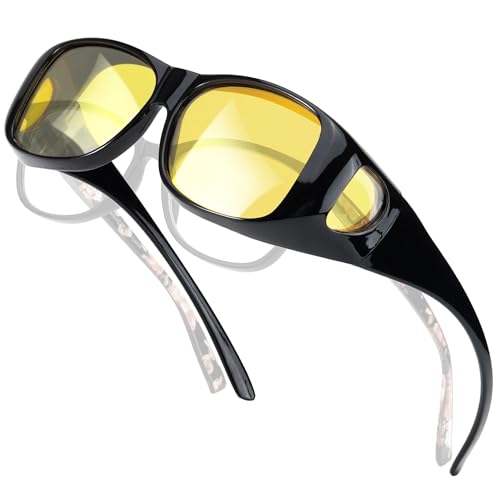 SIPHEW Night Vision Driving Glasses Fit Over Glasses for Men Women Wrap Around Anti Glare Polarized Yellow Glasses