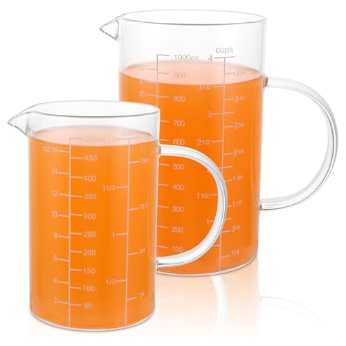 DAJAVE 2er Set Messbecher Glas Set, Messbecher 1L & 500ml, Messbecher Glas mit Skalen und V-förmiger Öffnung, Measuring Cups Präzise Skala für Backen, Kochen und Mischen.