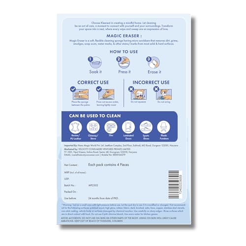 Image of Kleenest Magic Eraser Cleaning Sponge (Pack of 4) | Chemical-Free Multi-Purpose Wall & Wall Stain Remover | for Kitchen, Bathroom, Walls & Shoes