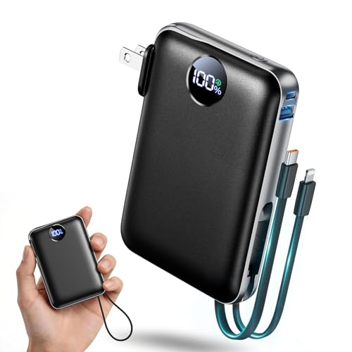 Portable Charger with Built-in Cables & Wall Plug, 10000mAh Power