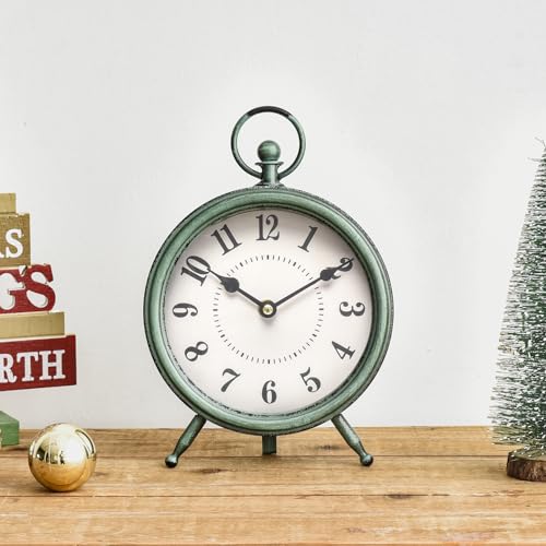 Vintage Rustic Green Table Clock on Stand, Decorative Desk and Shelf Clock,Decorative Battery Operated Table Top Clock for Living Room,Silent Non-Ticking