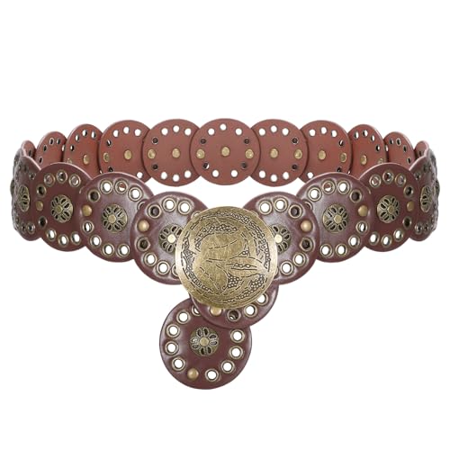 Image of SUOSDEY Hollow Wide Disc Belt for Women Vintage Boho Concho Leather Belts Western Cowboy Chunky Waist Belt for Dresses