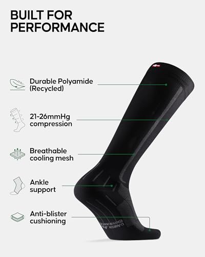 DANISH ENDURANCE Compression Socks for Women and Men, Legs & Shin Supports, Running & Travel, 1 Pack, Black/Grey, Medium - Thumbnail 2