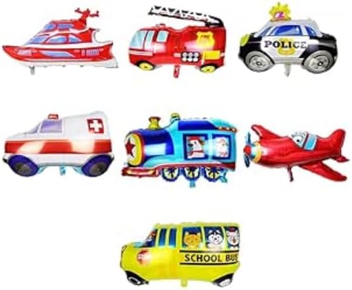 7 Pcs Large Foil Transportation Balloons Set | Fire Truck, Police Car, Train, Airplane, Ambulance, Speed Boat, School Bus | Vehicle Balloons for Kids Birthday Party Supplies and Decor
