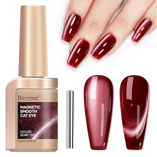 Cat Eye Gel Nail Polish, Burgundy Red Glitter Magnetic Gel Polish...