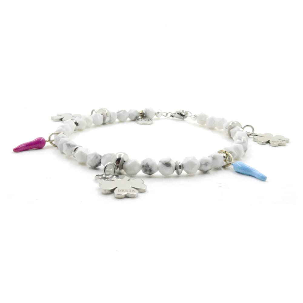 Cavigliera con pietra dura naturale Howalite magnesite con corni argento 925 e ciondoli portafortuna quadrifoglio