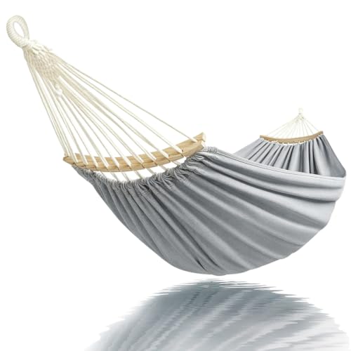 Image of Double Hammock 2 Person Extra Large 220x150cm Total Length 330cm Load 500lb Canvas Cotton Hammock for Patio Porch Garden Backyard Lounging Outdoor and Indoor with Removable Spreader bar