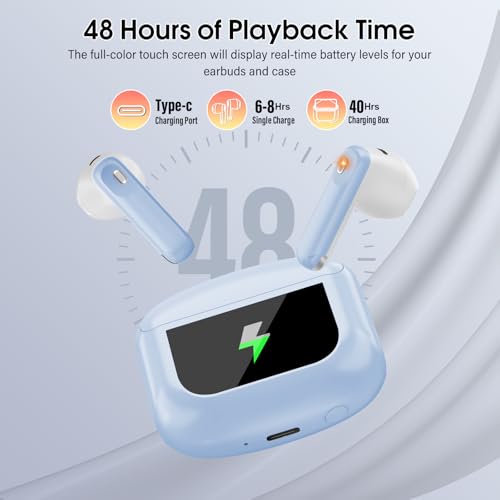 Image of Wireless Earbuds, Bluetooth 5.4 Headphones with Multifunctional Touch Screen, 48H Bass Stereo Ear Buds with ANC /ENC Noise Cancelling /Transparency Mode, IPX7 Earphones with 5 EQ Modes, Sky Blue