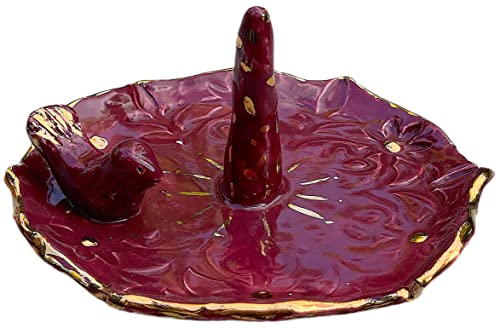 Ceramic Red and Gold Bird Ring Dish, Handmade Jewelry Holder, Decorative Home Decor, Unique Gift for Her, Women, Mom, Wife, Daughter, Bride, Sister, Girlfriend, Best Friend