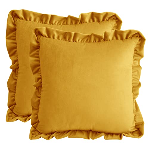 Idocolors Set di 2 Fodere per Cuscini con Volant per Divano, Giallo 40x40 cm Copricuscini Decorativi in Velluto per Camera da Letto, Soggiorno, Auto