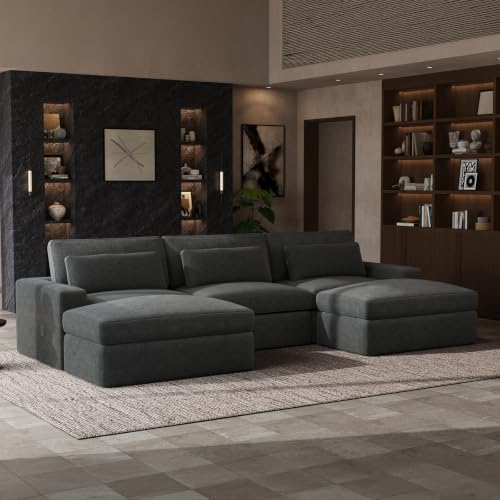 Image of Novilla 140 inch Deep Seat Modular Sectional Sofa, Removable Washable Covers, U Shape 5 Seater Cloud Couch with Lumbar Pillows, Chenille Boneless Sectional Couch Dark Gray, No Assembly Required