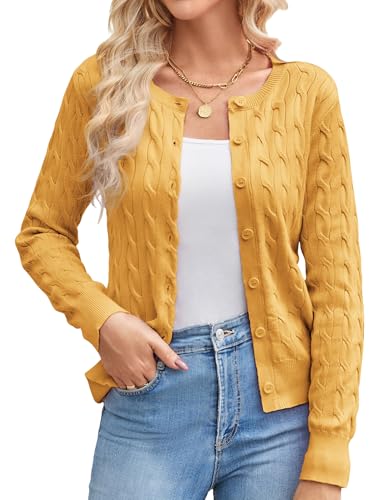 Womens Yellow Cable Knit Cardigan Sweaters, Lightweight Cardigans for Women