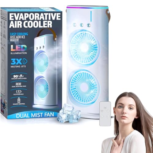 Image of Drumstone (๐๐+๐ ๐ฌ๐ฒ๐ฎ๐ฟ๐ Warranty 4000mAh Double Spray Mist Fan | Rechargeable Cold Air Desk Fan with 280ml Water Tank | 3 Speed & Mist Modes | USB-C, Remote Control, 7-Color LED Light (WHITE)