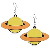 Handmade Lightweight Wooden Flying UFO Drop Earrings Cute Bohemian Natural Wood Planet Shaped Dangle Drop Earring Astronaut Novelty Hook Earring for Women (Yellow)