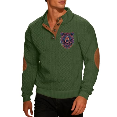 Vhersily Sudaderas para hombre acolchadas de manga larga con cuello recto con botones de 1/4 Jersey de punto con parquet en los codos Elegante con impresión 3D de punto grueso sin capucha, para el