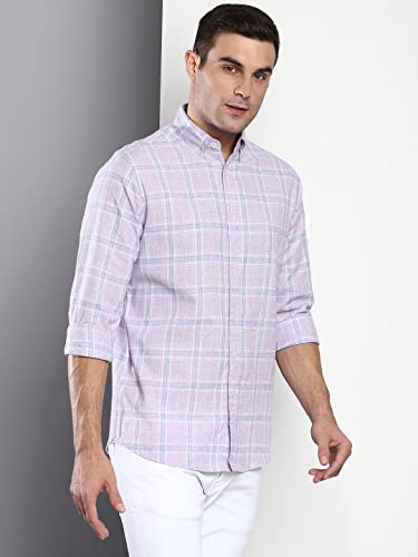 Image of Dennis Lingo Men's Checkered Slim Fit Cotton Linen Casual Shirt with Button-Down Collar & Full Sleeves